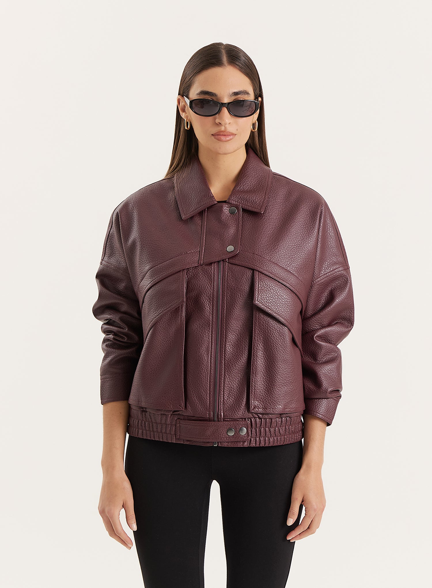 Burgundy Textured Faux Leather Cropped Jacket
